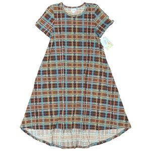 LuLaRoe Carly High Low Dress Plaid Fall Swing Style XXS Brown Blue NWT